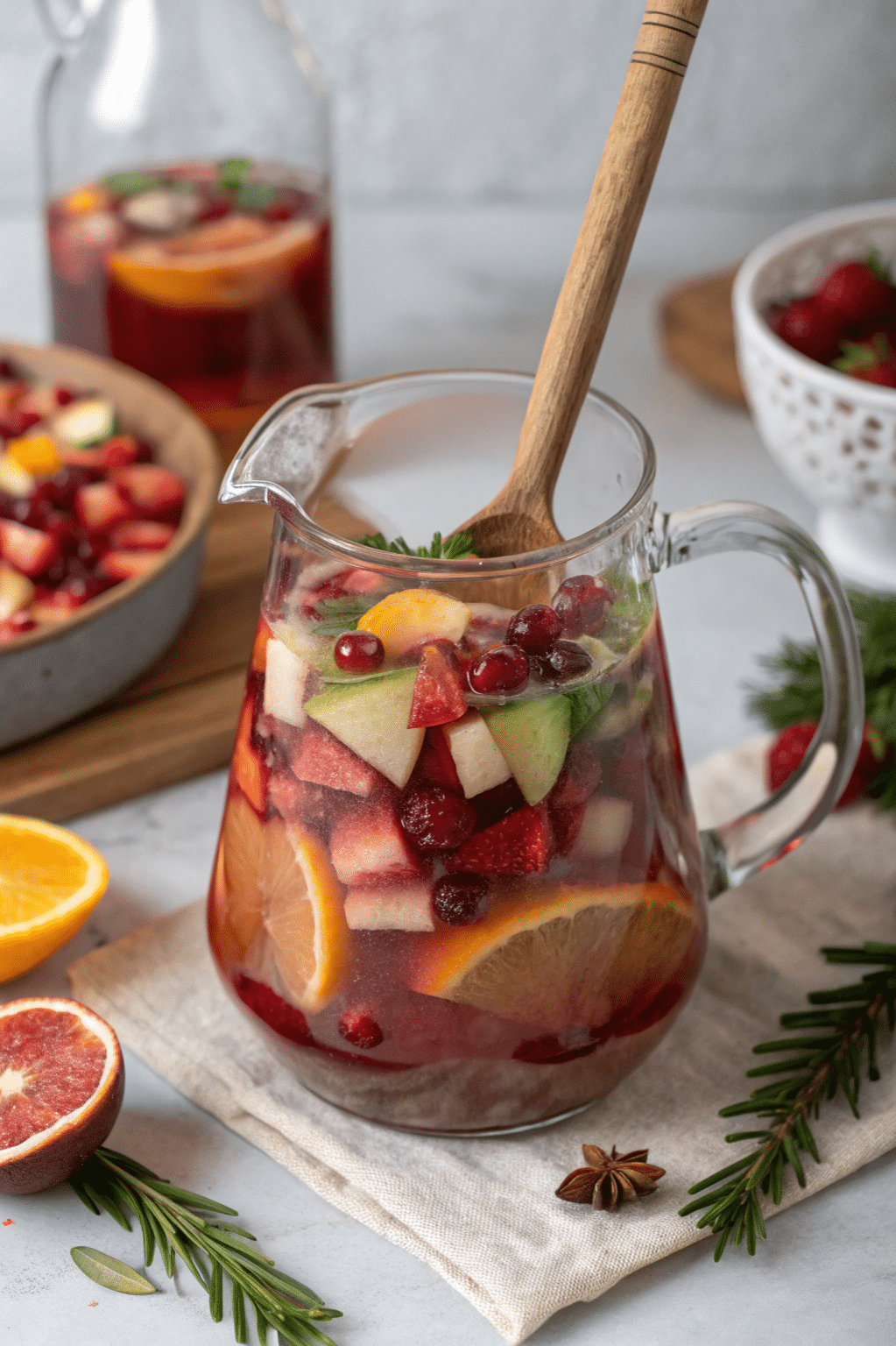making christmas sangria mocktail in glass pitcher