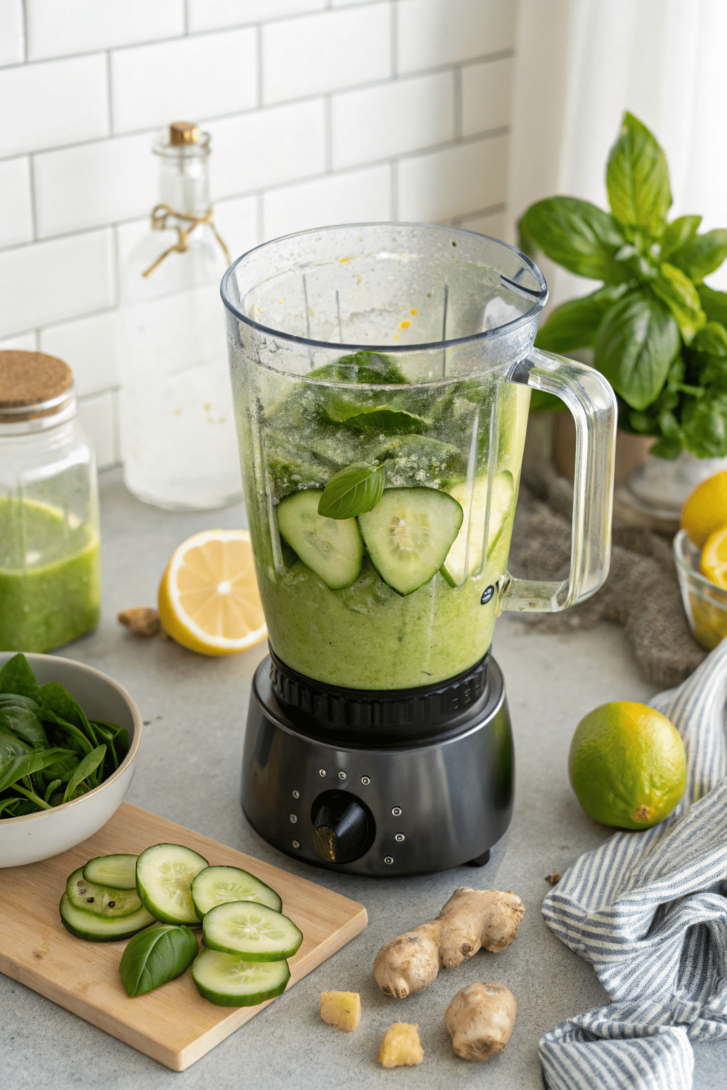 cucumber basil lemon blend in blender before straining