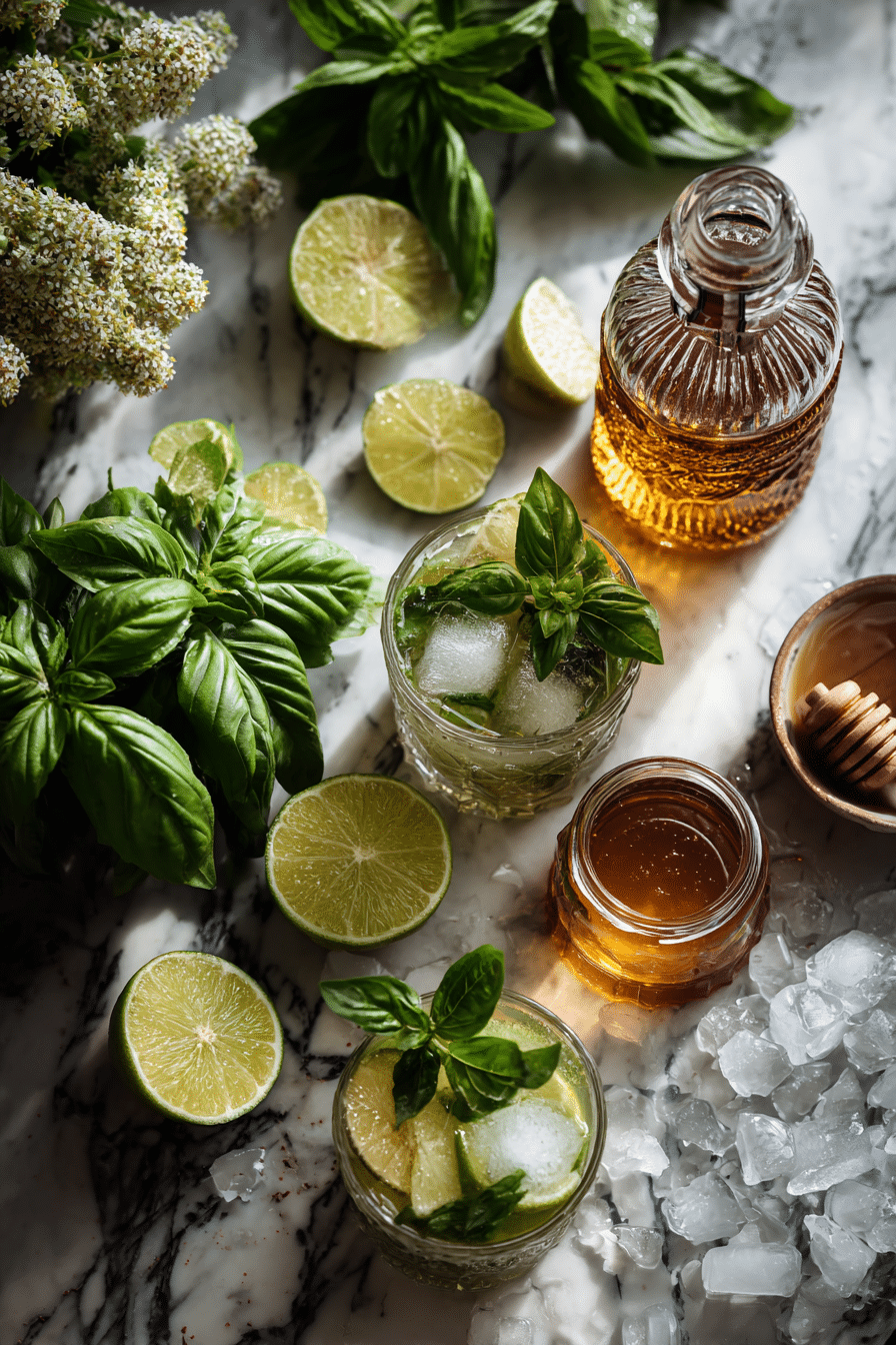 Ingredients for basil mojito mocktail on marble countertop