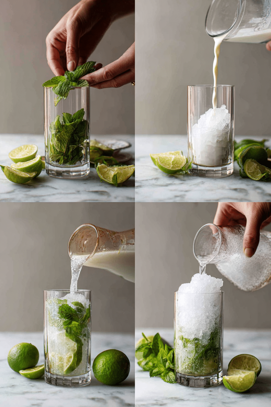 step-by-step making of coconut mojito mocktail