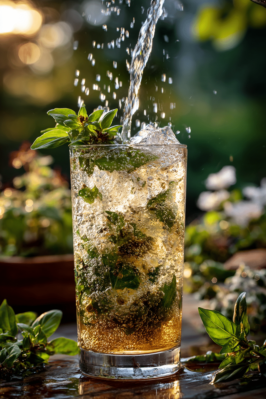 Basil mojito mocktail topped with sparkling soda