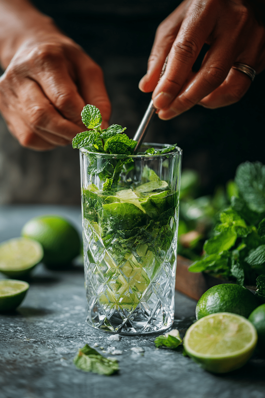 Muddling lime and mint for healthy mojito mocktail