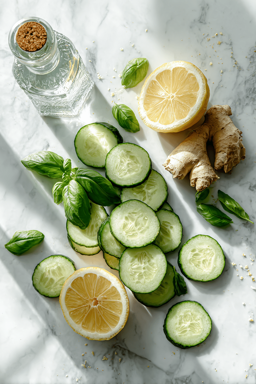cucumber basil mocktail ingredients including lemon, ginger, basil