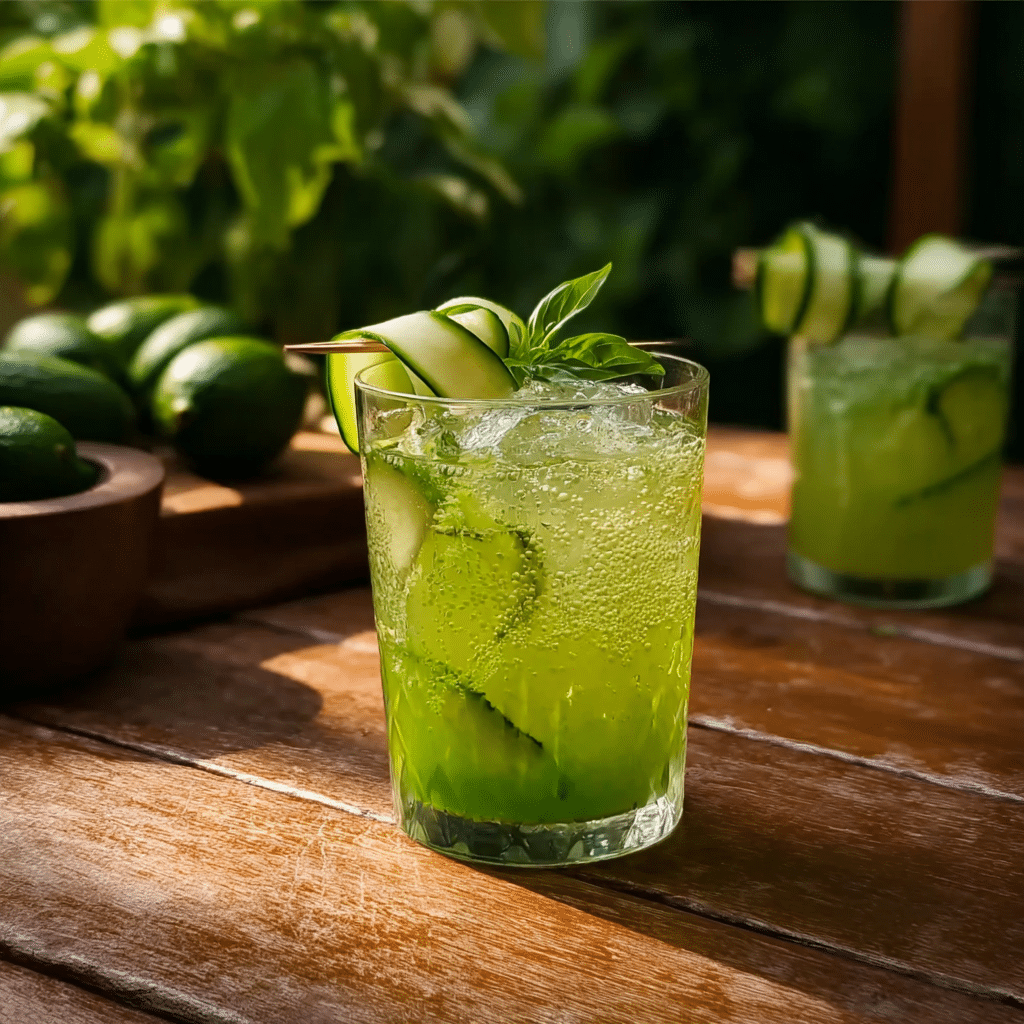 cucumber basil mocktail in glass with basil and cucumber garnish