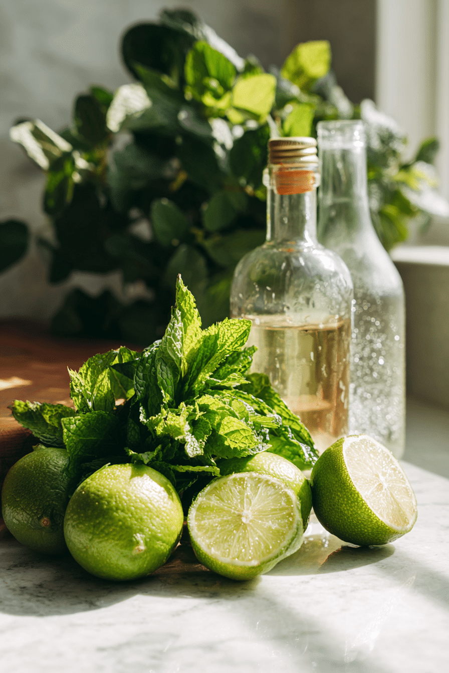 Vegan mojito mocktail ingredients on counter