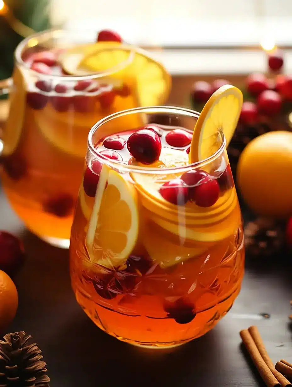 Non-alcoholic autumn harvest punch with 7 ingredients served in a cozy setting