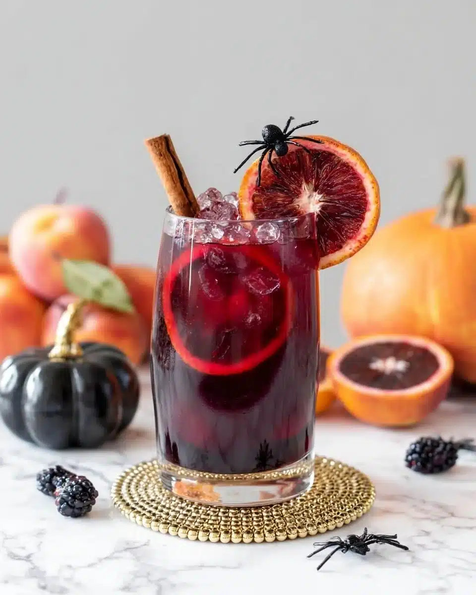 Halloween Mocktail Sangria with fruit and cinnamon in a festive glass