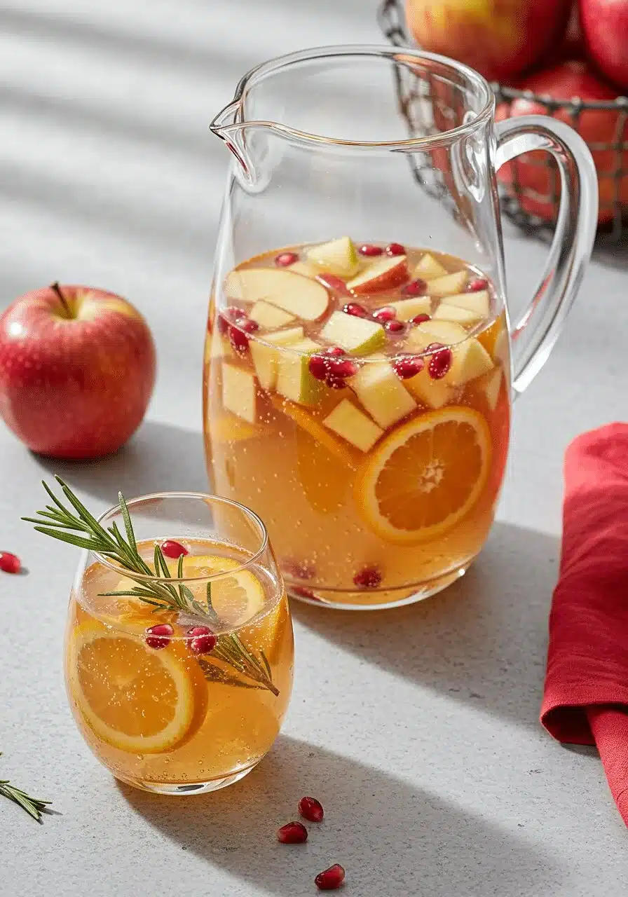 Non-alcoholic apple cider sangria with fresh fruit in a glass pitcher