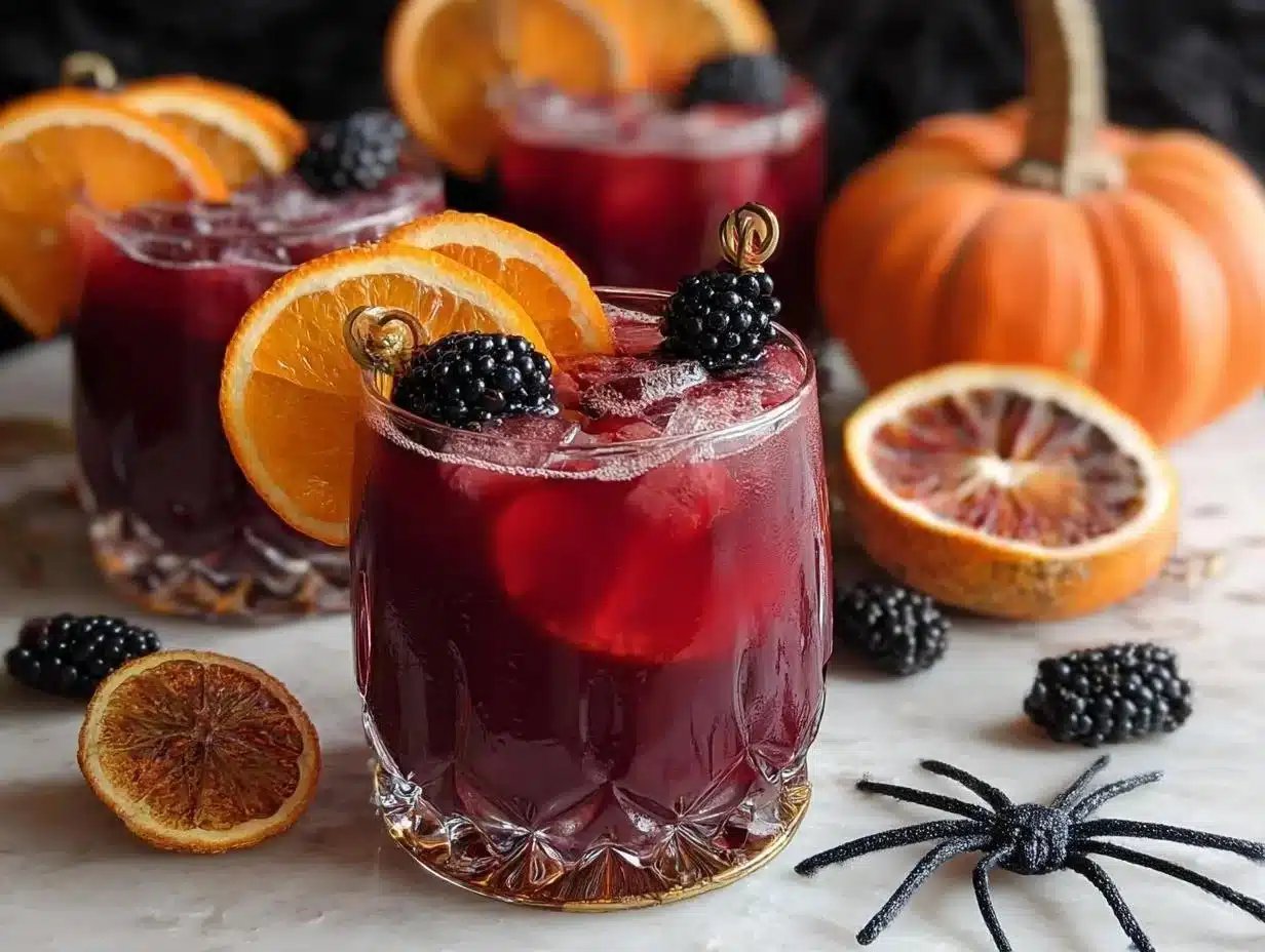 Spooky Halloween mocktail with festive decorations and eerie garnishes