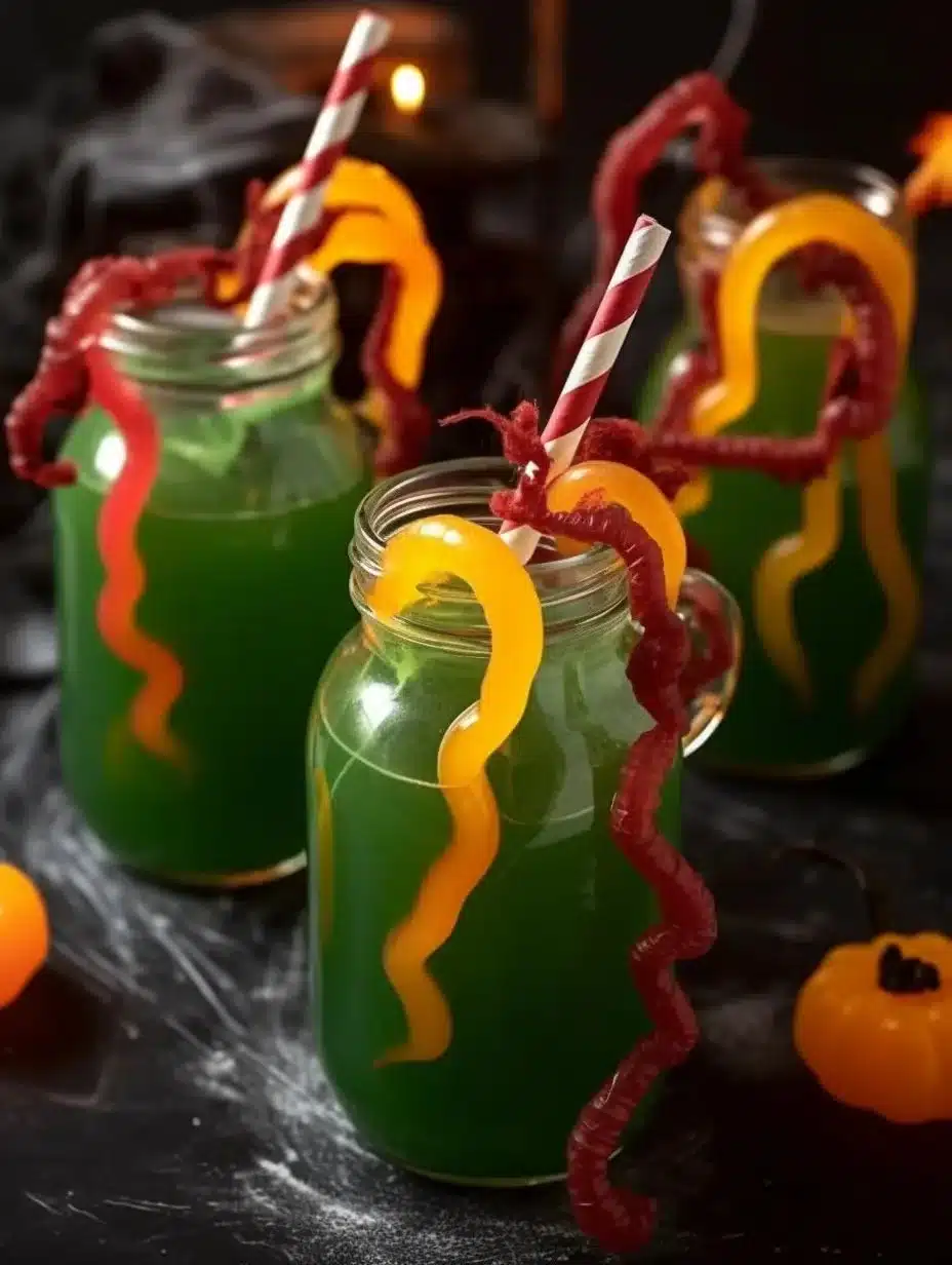 Worm Juice Halloween Mocktail recipe with spooky garnishes and vibrant colors