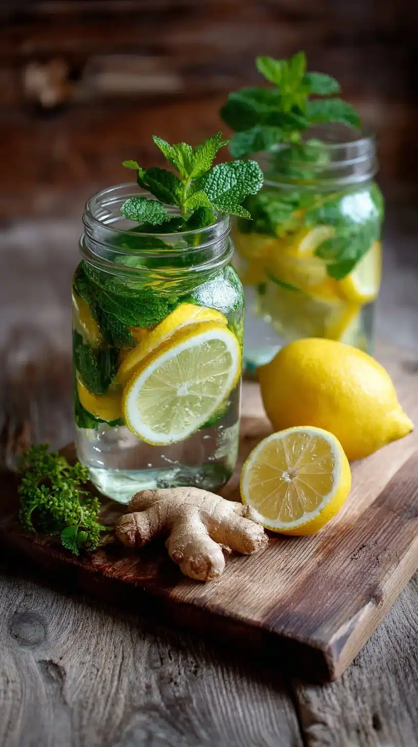 Refreshing anti-inflammatory detox water with fresh fruits and herbs