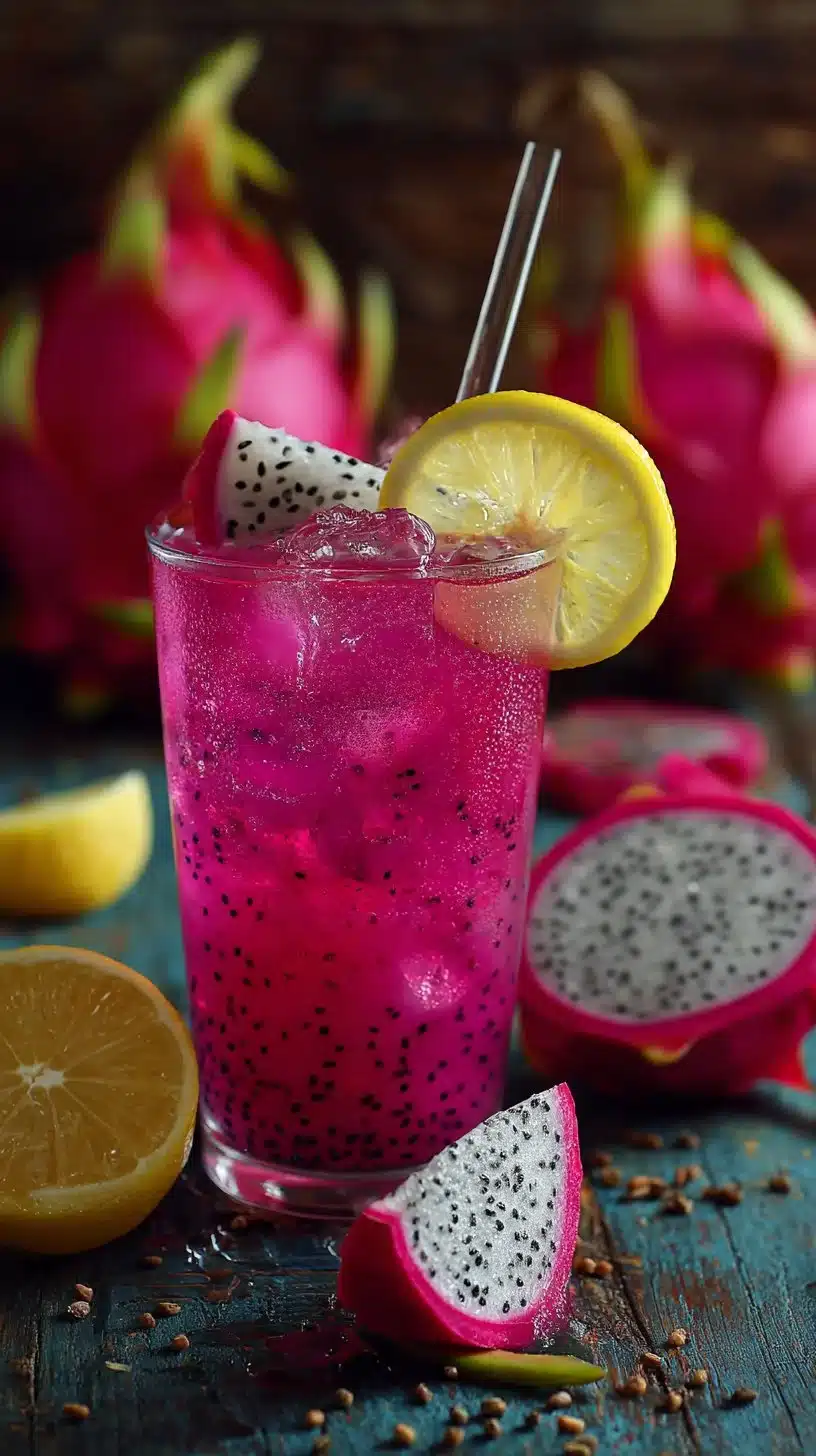 Refreshing dragon fruit lemonade in a glass with lime slices and mint leaves.