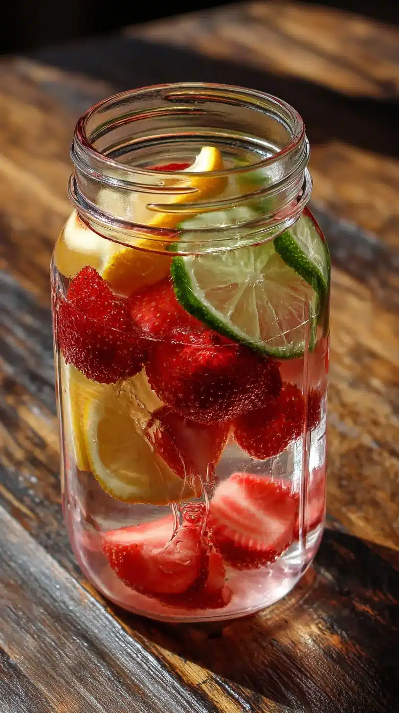 A variety of fruit infused water recipes displayed in colorful pitchers.