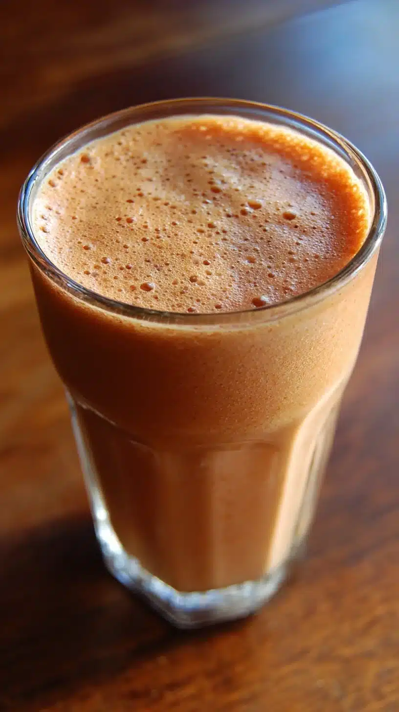 A vibrant healthy smoothie made with fruits, vegetables, and nuts in a glass.