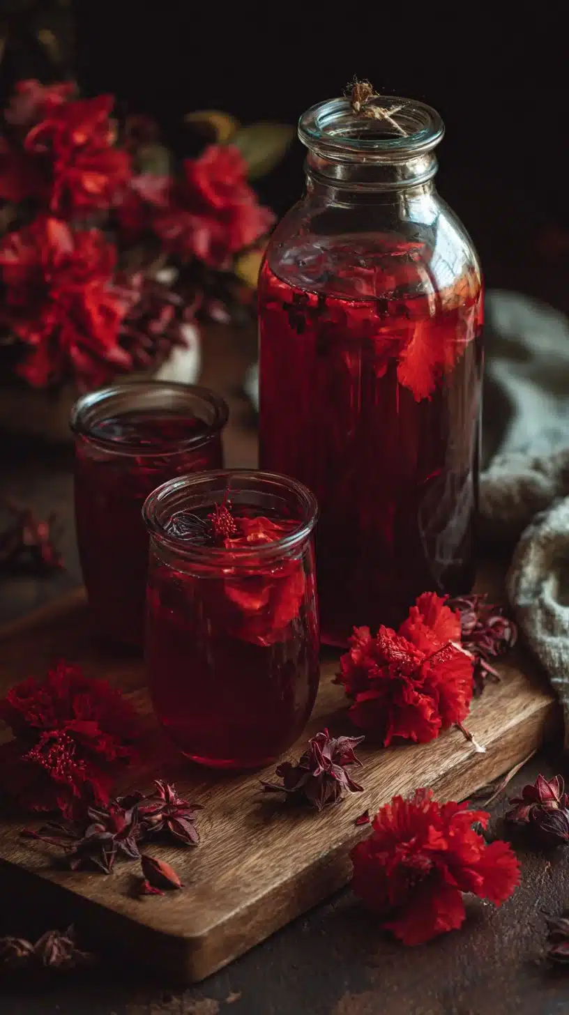 Refreshing Hibiscus Water in a glass garnished with fresh hibiscus flowers