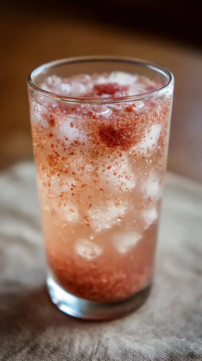 Glass of morning pink salt detox drink with citrus and herbs