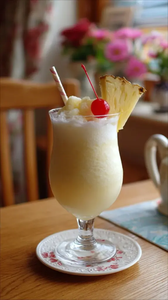 Refreshing non-alcoholic piña colada punch served in a glass with garnishes.