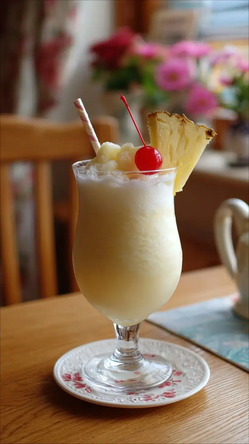 Refreshing non-alcoholic piña colada punch served in a glass with garnishes.