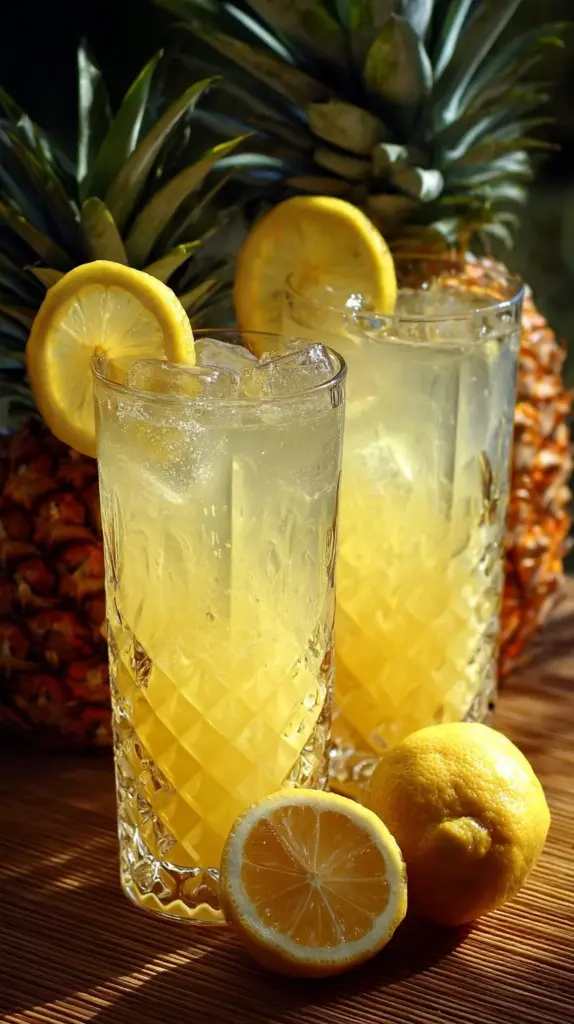 Refreshing sparkling pineapple lemonade in a glass with fruit garnishes