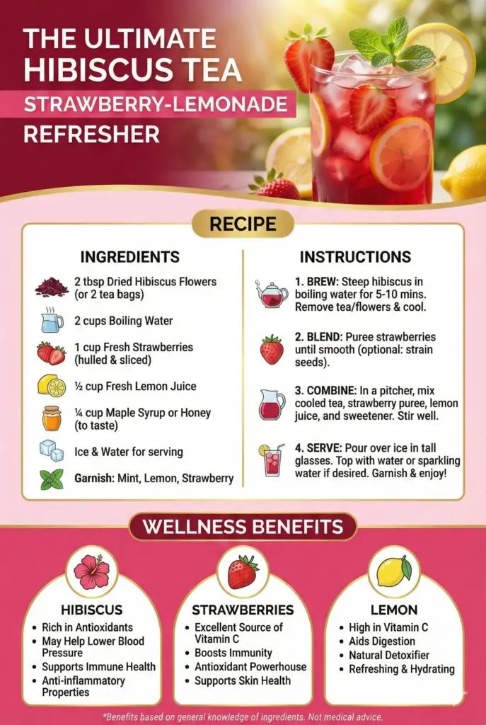 Strawberry-Lemonade Hibiscus Tea Refresher in a glass with fresh fruit