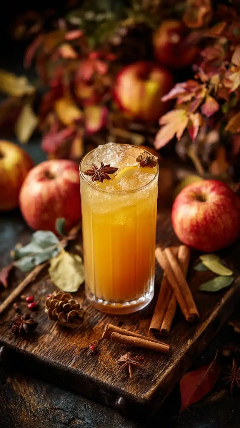 Apple Cider Mocktail served in a glass with fall decorations