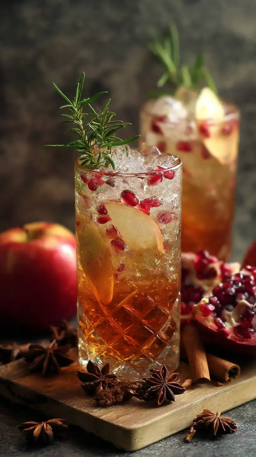 Refreshing apple cider mocktail garnished with spices and fruit slices