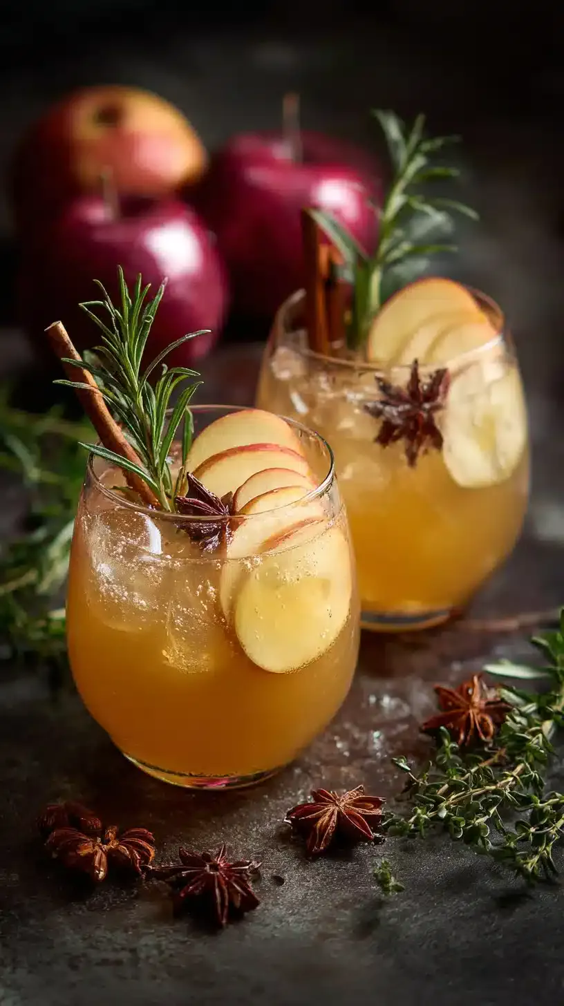 Selection of refreshing apple cider mocktails in glasses with garnishes