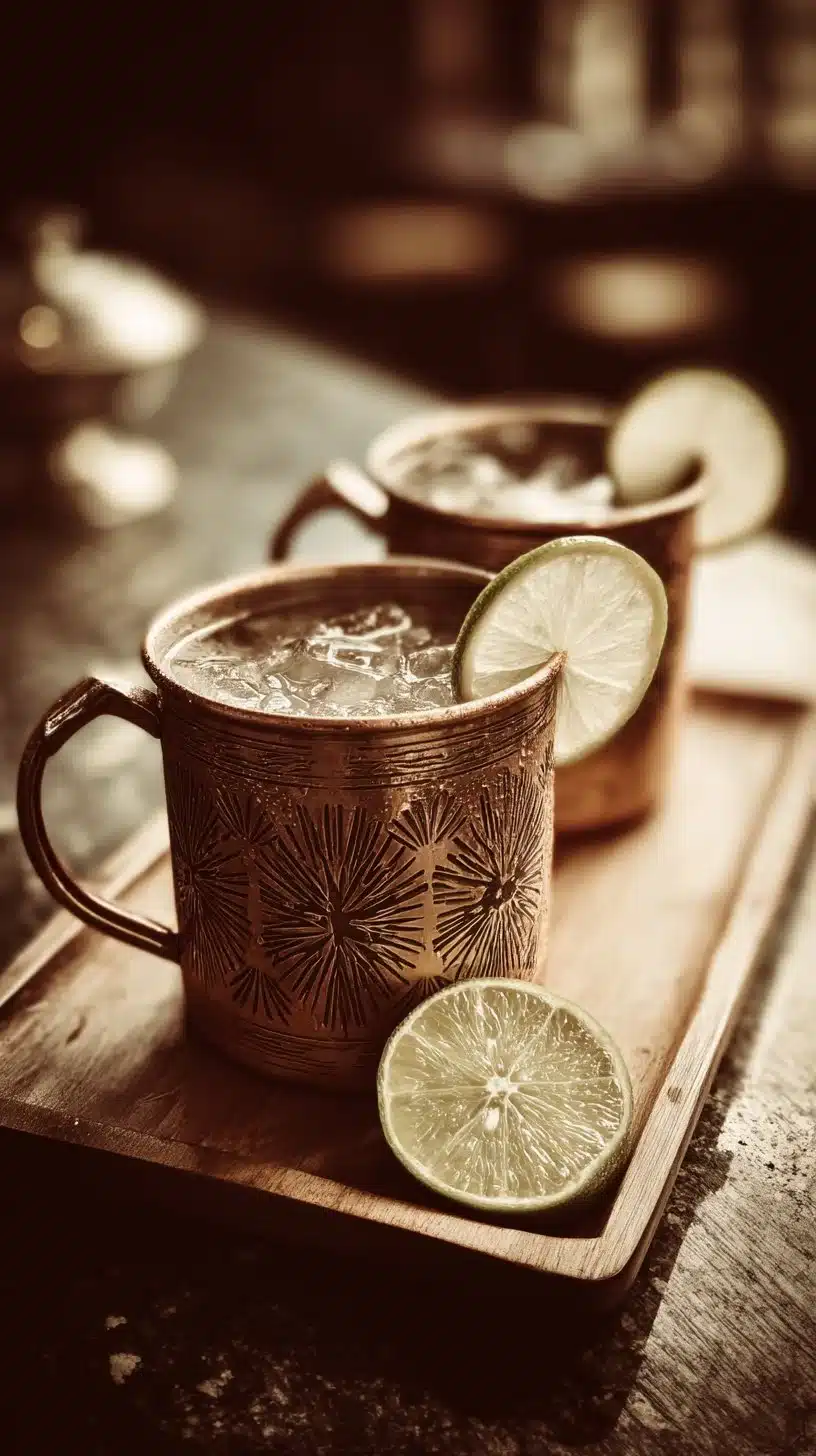 Delicious Apple Cider Mule cocktail garnished with fresh apples and spices