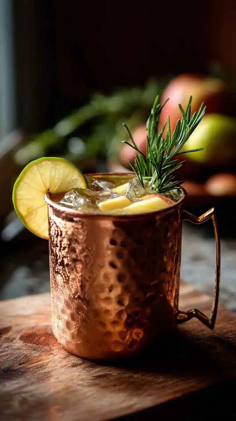 Refreshing Apple Cider Mule Mocktail served in a copper mug with spices and apple slices.