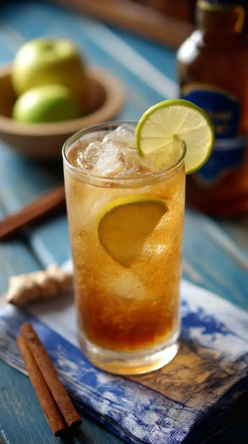 A refreshing Apple Ginger Fizz cocktail with apple slices and ginger