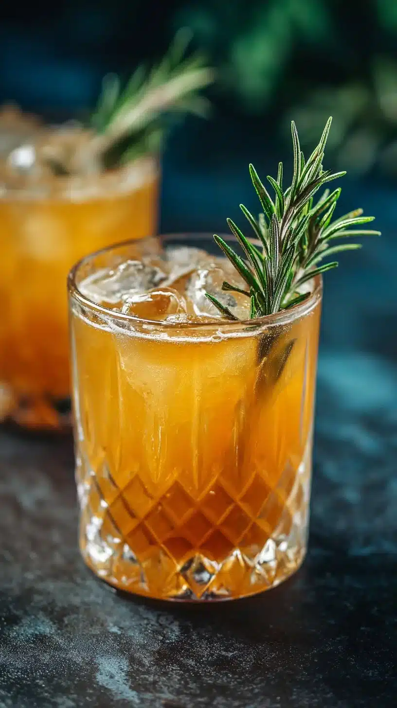Apple Rosemary Fizz mocktail garnished with fresh rosemary sprig and apple slices