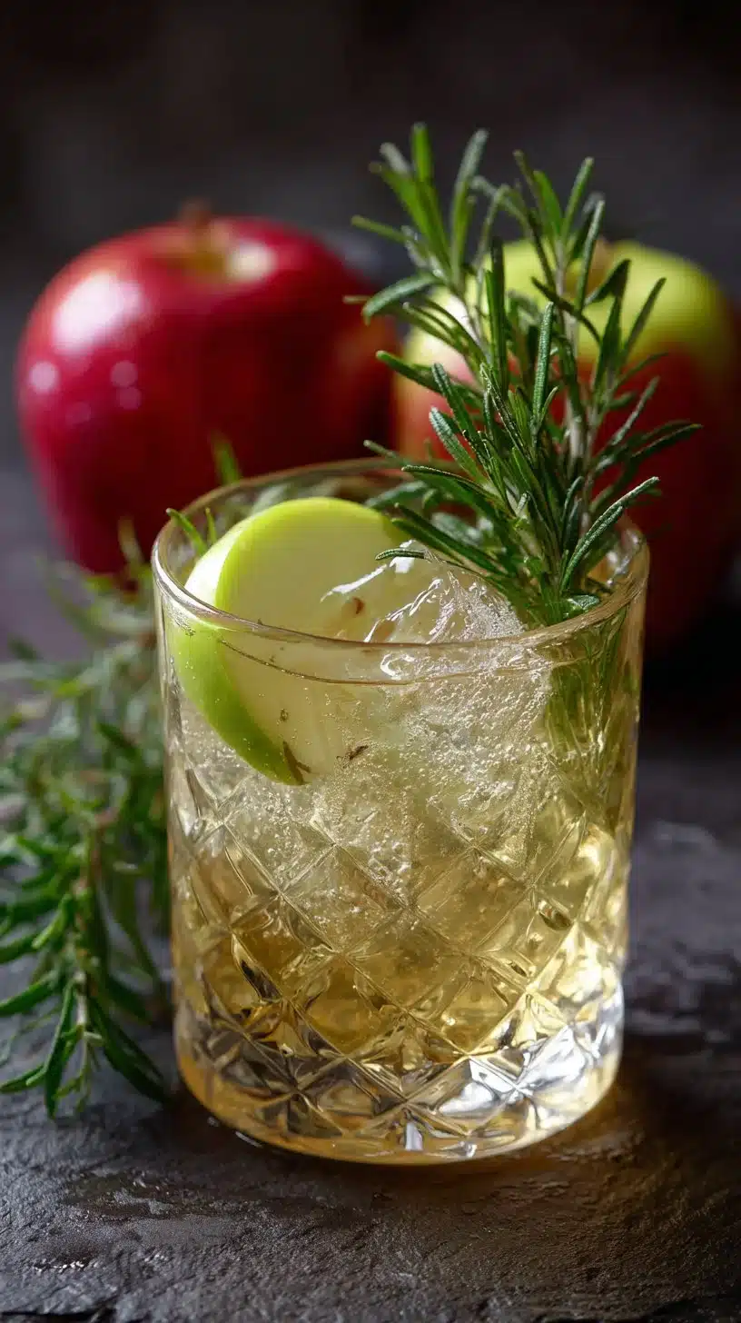 Apple Rosemary Mocktail garnished with rosemary sprig and apple slices