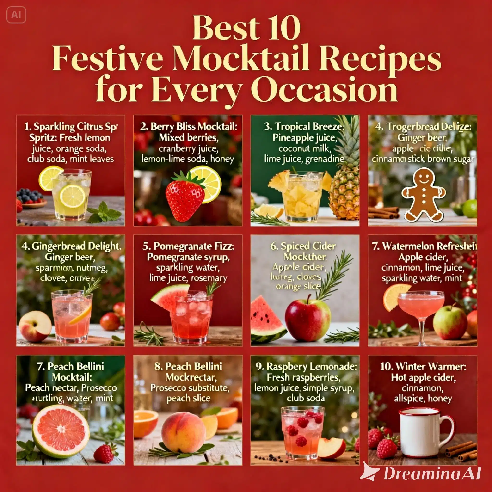 Top 10 festive mocktail recipes for all occasions, featuring vibrant ingredients.