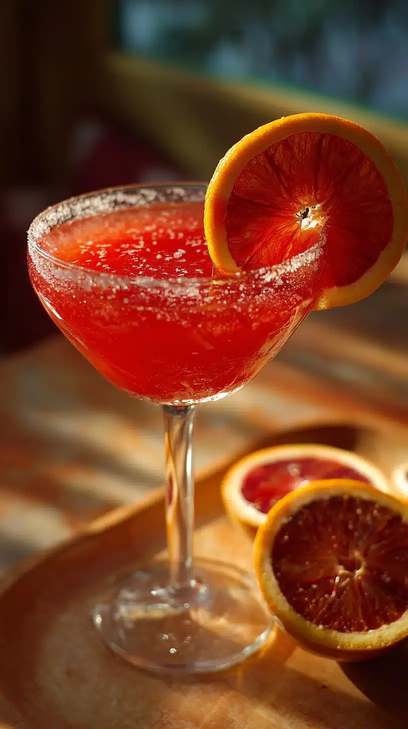 Delicious blood orange margarita mocktail in a glass with a slice of orange on the rim