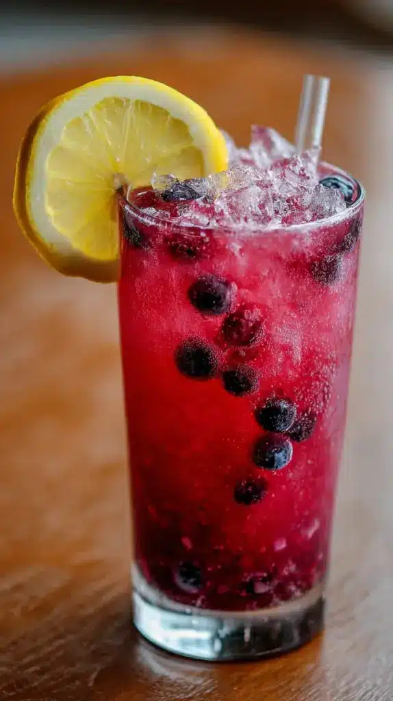 Refreshing Blueberry Lemon Mocktail in a glass with fresh blueberries and lemon slices.