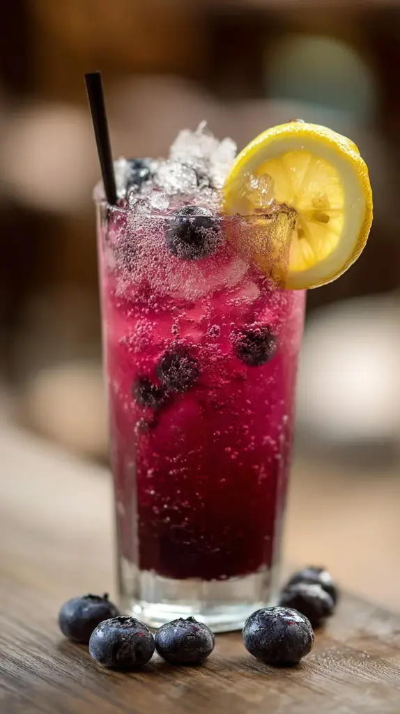 Refreshing blueberry lemon mocktail garnished with fresh blueberries and lemon slice
