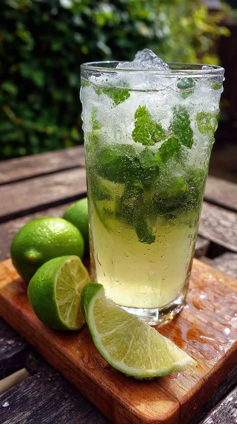 Booze-free mojito mocktail in a glass garnished with mint and lime