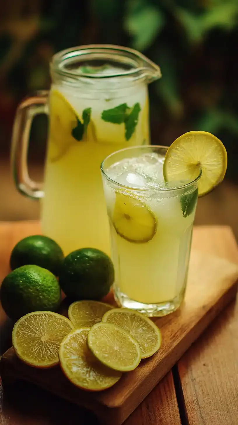 A refreshing glass of Brazilian Lemonade served with limes and mint leaves.