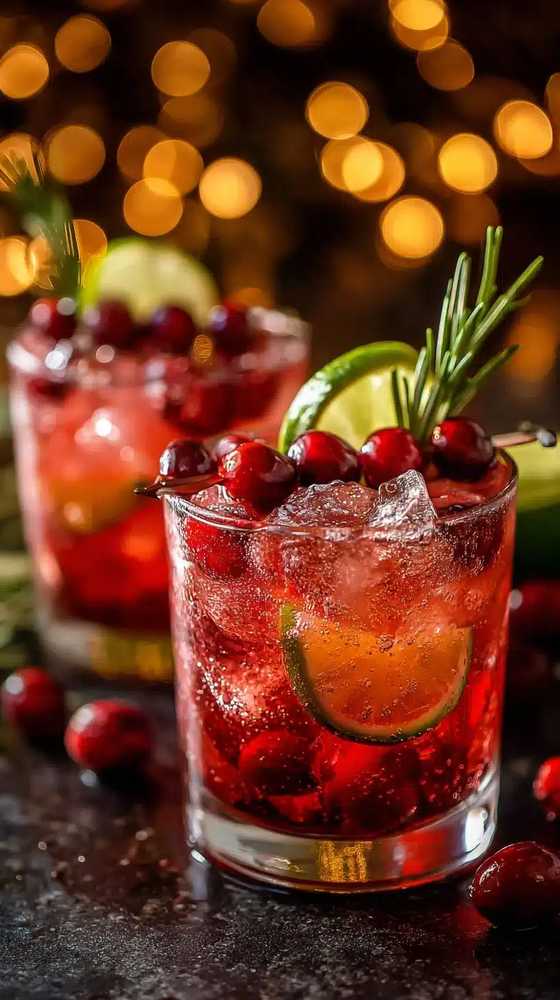 A festive glass of Christmas Cherry Fizz mocktail garnished with cherries and mint.