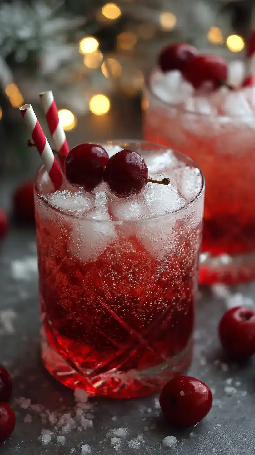 Refreshing Christmas Cherry Fizz mocktail with cherries and festive garnishes