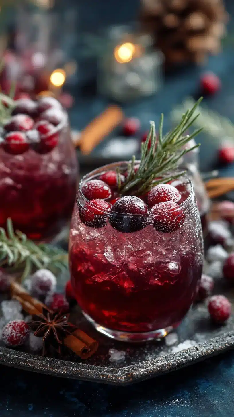 A variety of colorful Christmas mocktails garnished with festive ingredients.