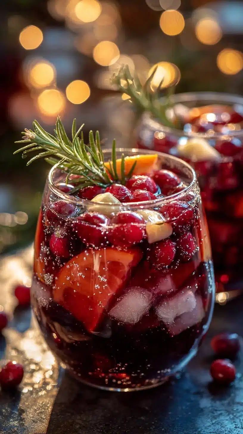 Christmas Sangria Mocktail served in a festive glass with fruits and spices
