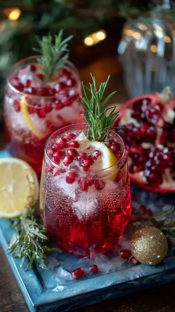 Festive Christmas Tree Spritz mocktail garnished with fresh herbs and berries