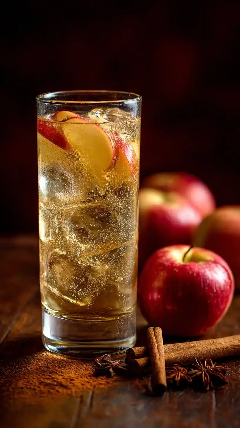 Cinnamon Apple Sparkler drink served in a glass with apple slices and cinnamon stick.