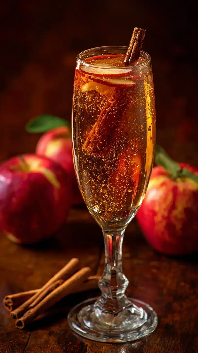 Cinnamon Apple Sparkler cocktail in a glass with cinnamon sticks and apple slices.