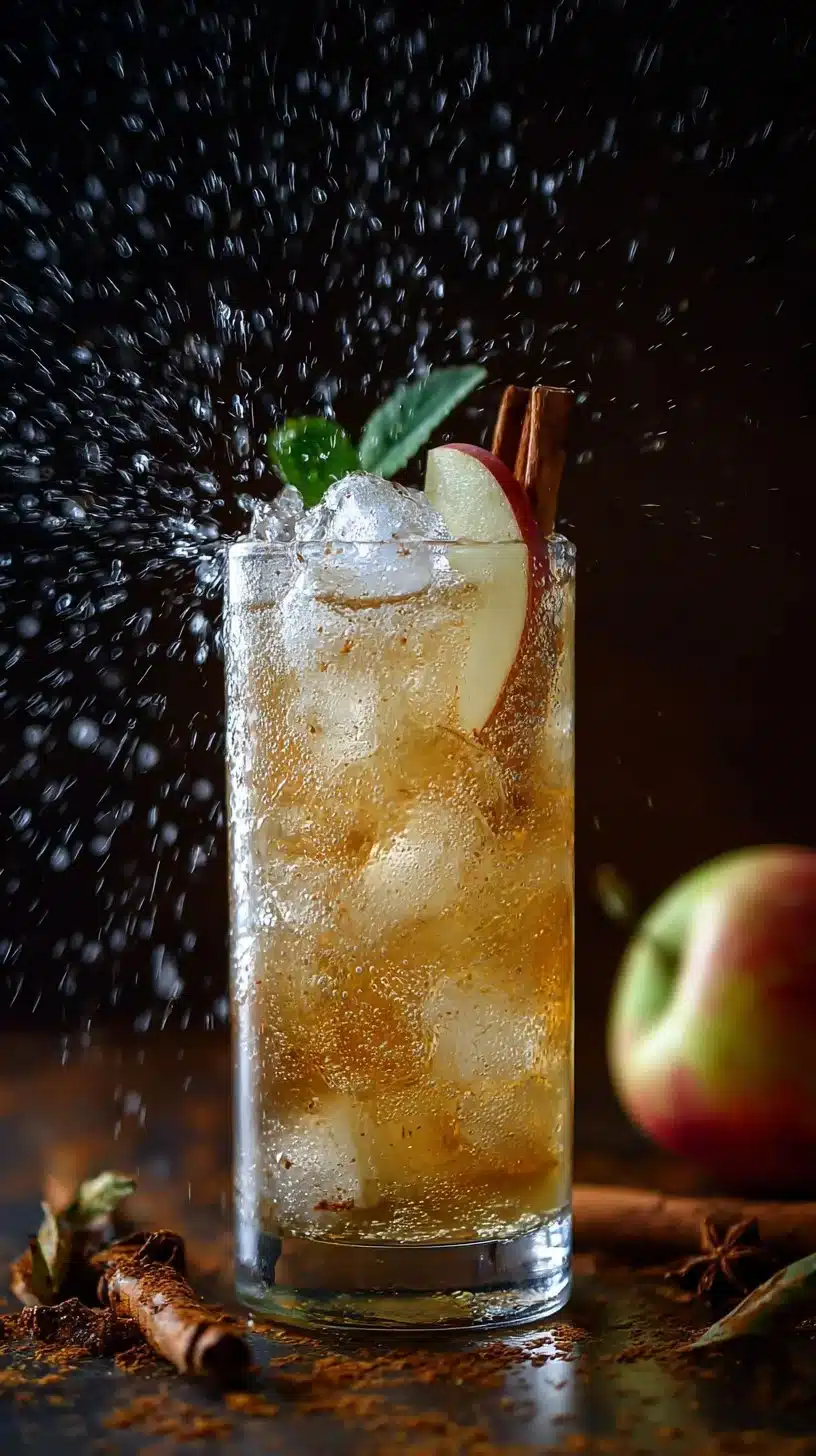 Cinnamon Apple Sparkler drink garnished with apple slices and cinnamon stick