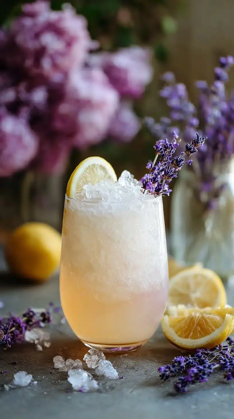 Coconut Lavender Lemonade mocktail served in a glass with lavender sprigs