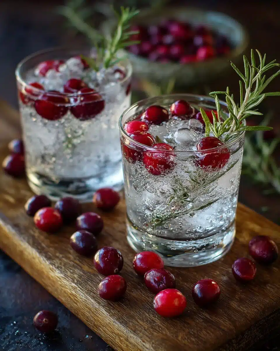 Cranberry Rosemary Gin Tonic garnished with fresh rosemary and cranberries.