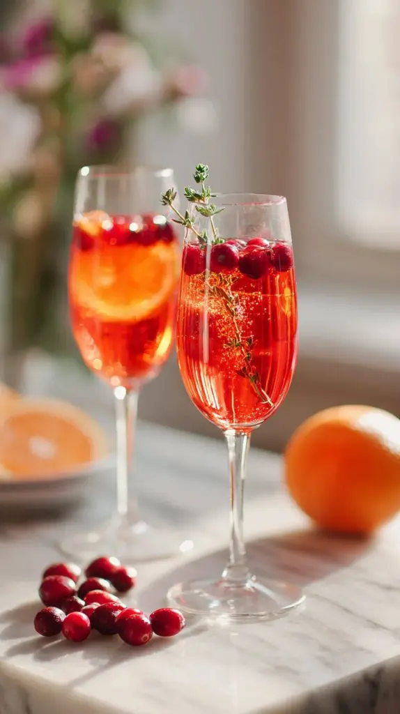 Cranberry Aperol Spritz cocktail garnished with fresh cranberries and orange slices