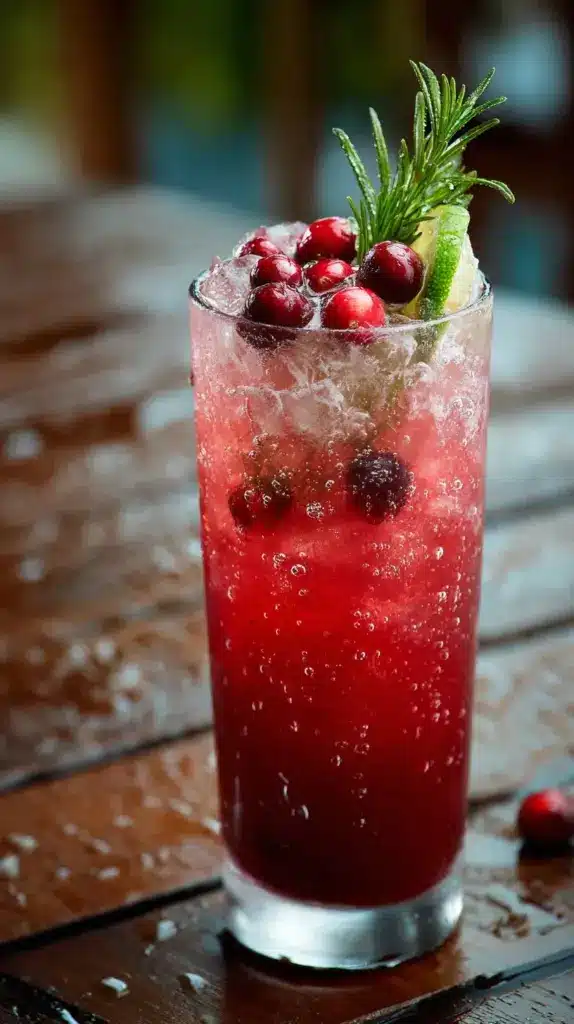 Glass of refreshing cranberry mocktail with ice and fresh cranberries
